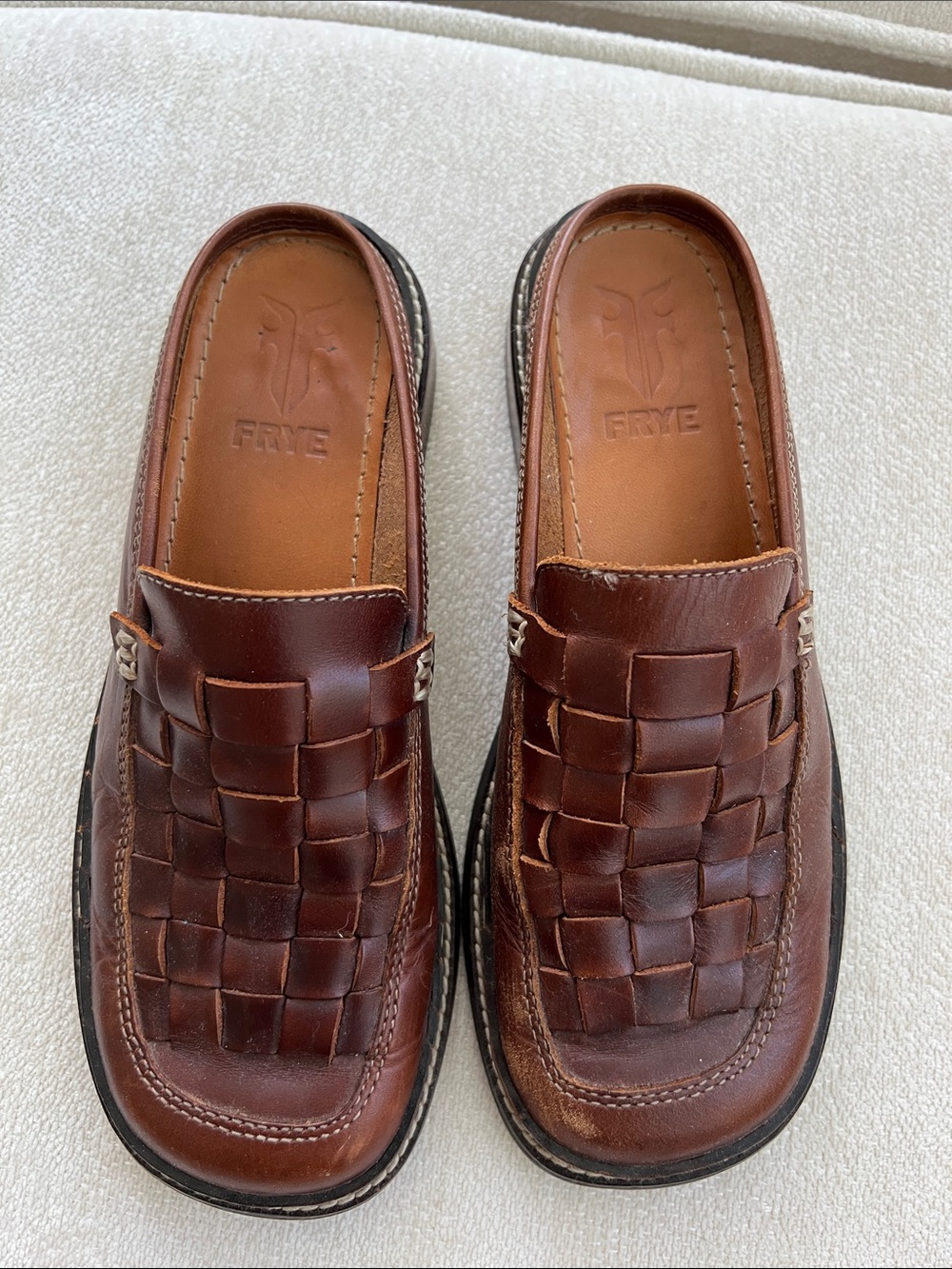 Frye Brown Woven Leather Mule Clogs